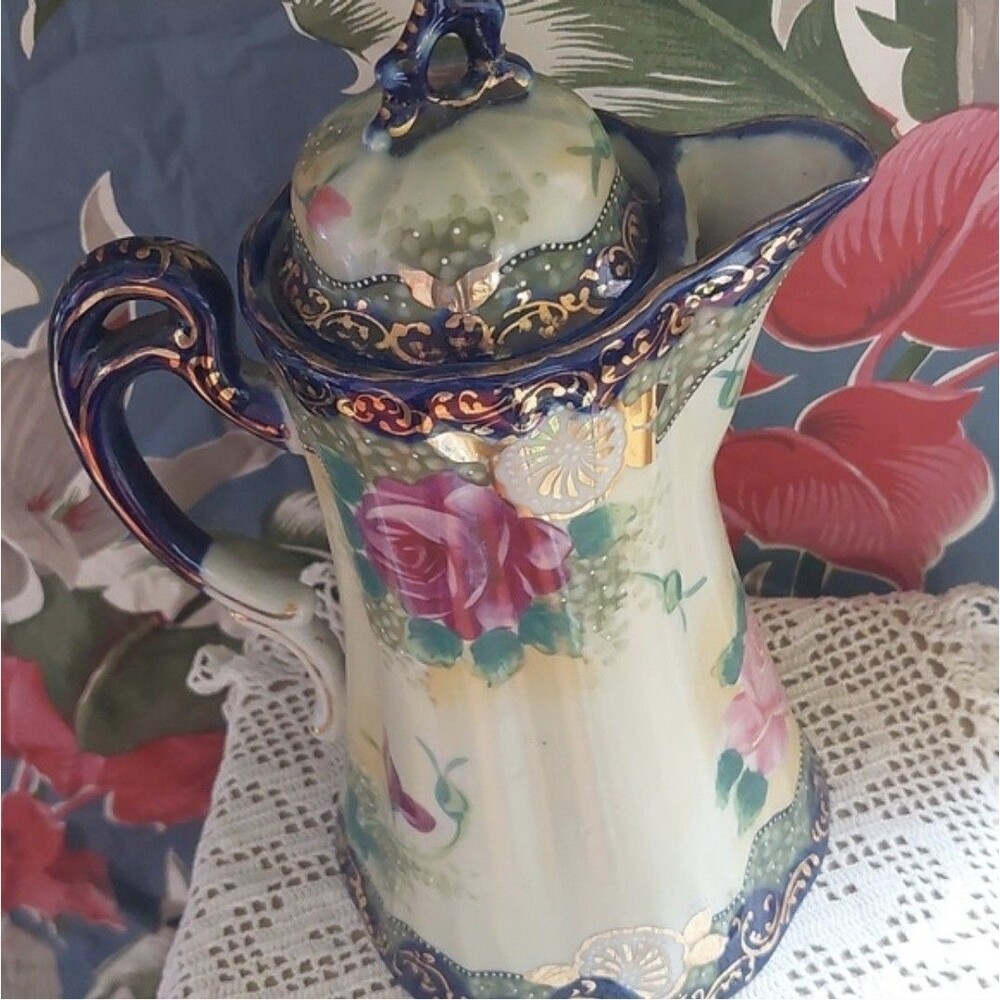 Hand Painted Nippon Chocolate Pot Vintage Porcelain Rose Motif 10" High